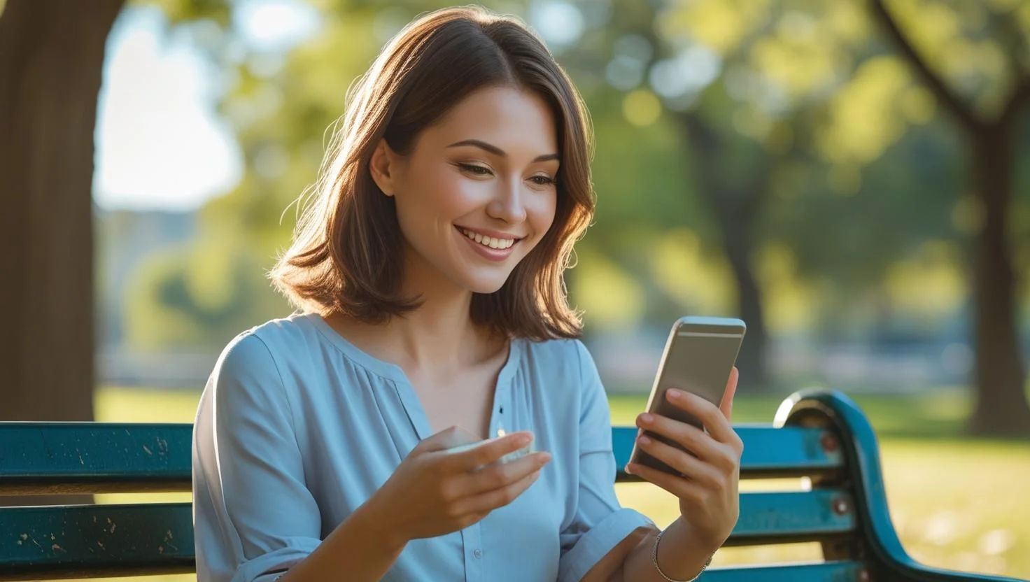 Woman reading sexy text message on smartphone with smile