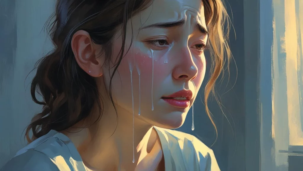 Emotional woman crying showing the impact of deep apology messages for her
