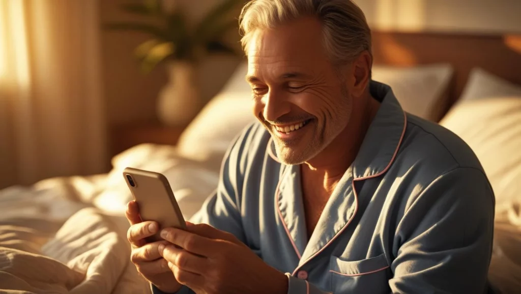 Man reading good evening message on phone smiling evening light