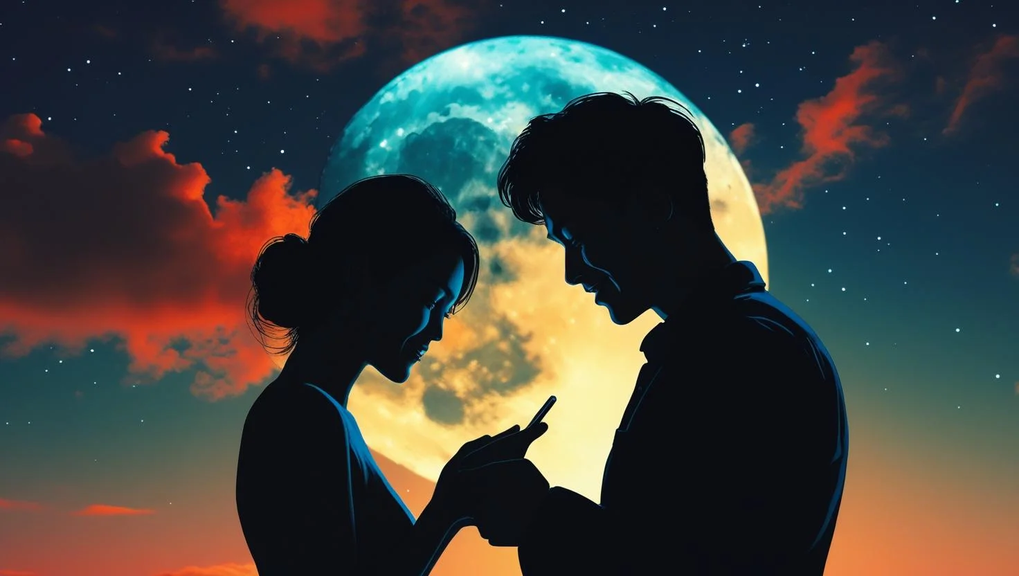 Husband reading good night message on phone with peaceful moonlit background