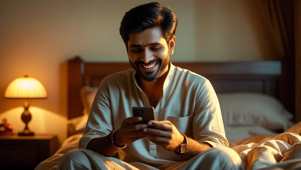 Man smiling reading good night message making him happy bedtime