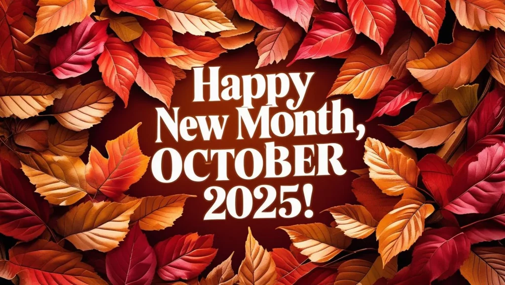Happy new month messages for October 2025 with autumn leaves background