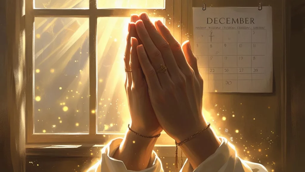 Happy new month prayers December spiritual renewal hands praying golden light