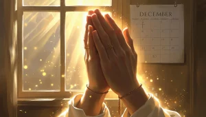 Happy new month prayers December spiritual renewal hands praying golden light