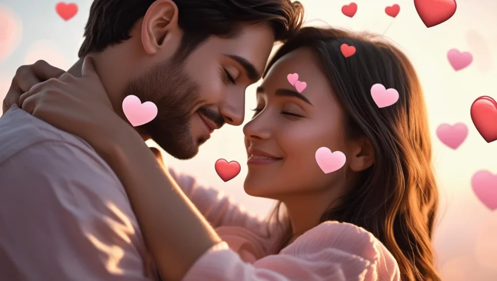 Couple sharing romantic text messages with heart symbols representing love and trust