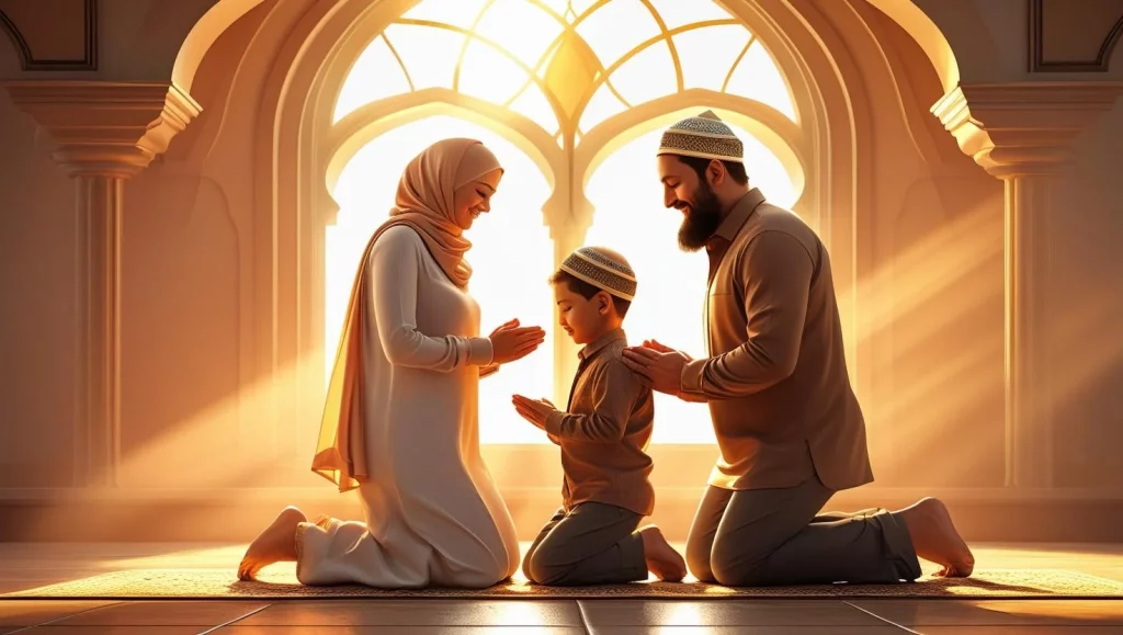 Muslim family praying together for Jumma Mubarak Friday blessings