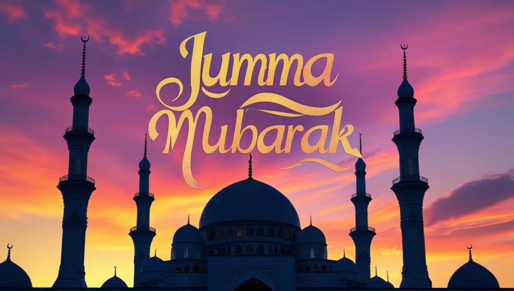 Beautiful mosque at sunset with Jumma Mubarak Friday blessings text