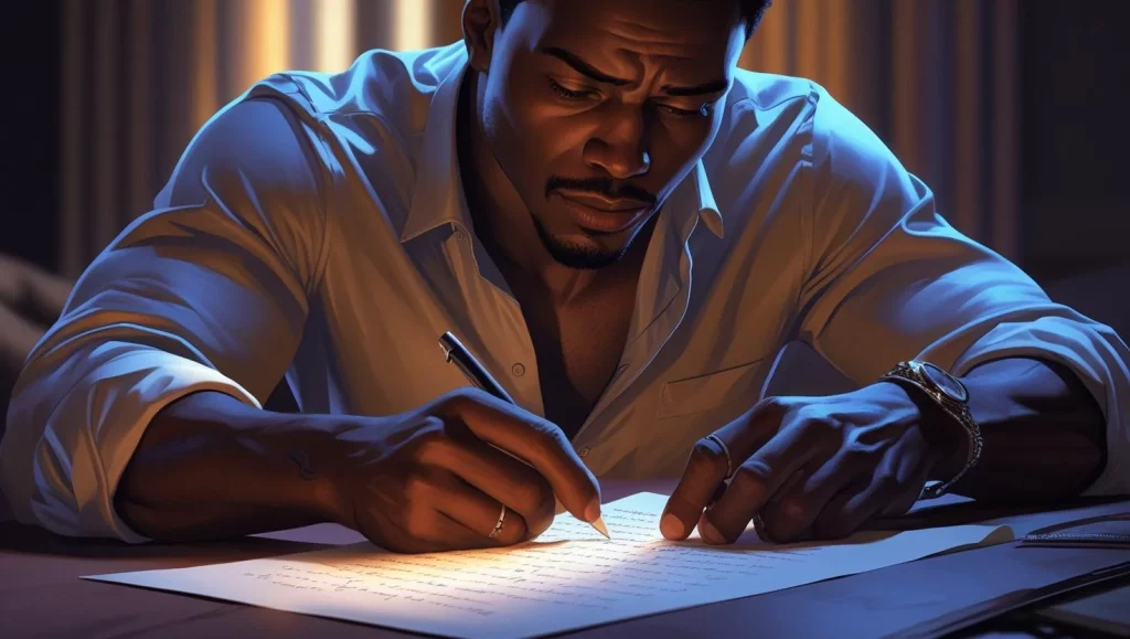 Man writing long romantic apology message for girlfriend with care and attention