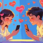 Couple in long distance relationship video calling with love messages floating between them