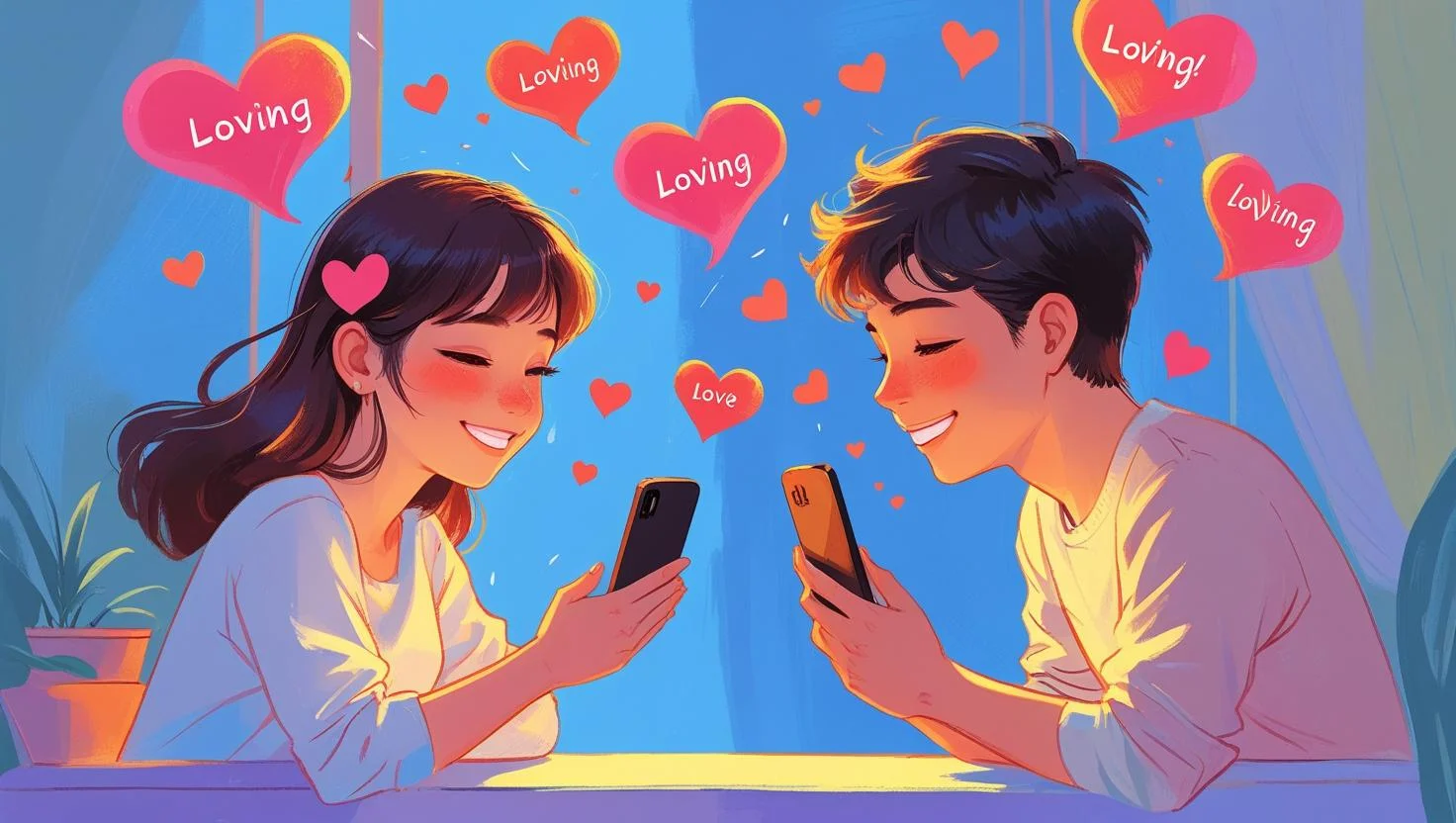 Couple in long distance relationship video calling with love messages floating between them