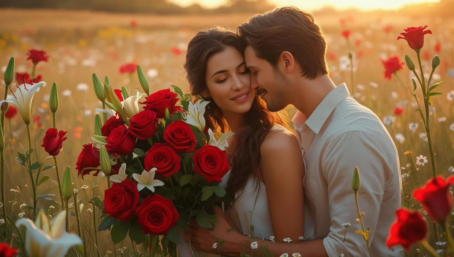 Romantic couple reconciling with apology flowers showing love and forgiveness