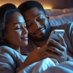 Romantic good night messages for him with couple texting in bed