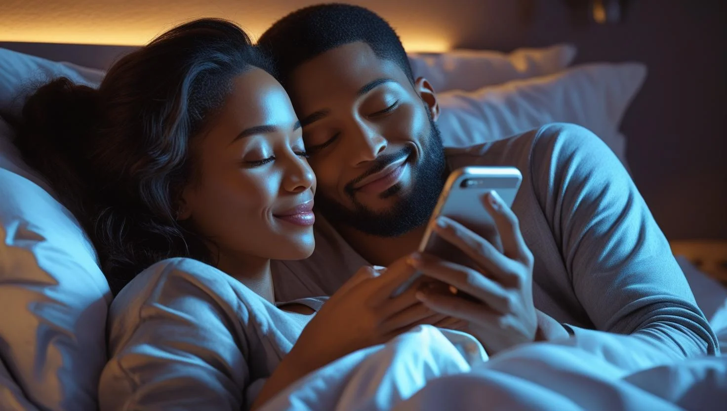 Romantic good night messages for him with couple texting in bed