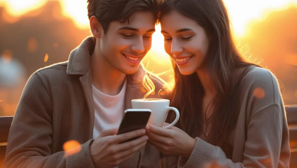 Romantic couple enjoying morning coffee representing romantic long good morning messages for her