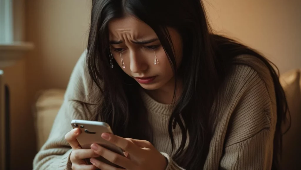 Sad woman holding phone sending break up text message crying