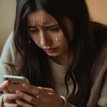 Sad woman holding phone sending break up text message crying