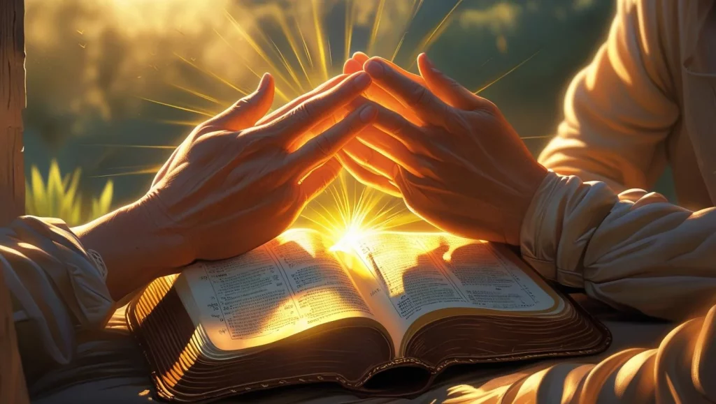 Open Bible with glowing light, prayer hands, peaceful morning scene
