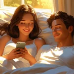 Sweet good morning message making woman smile in bed with morning sunlight