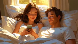 Sweet good morning message making woman smile in bed with morning sunlight