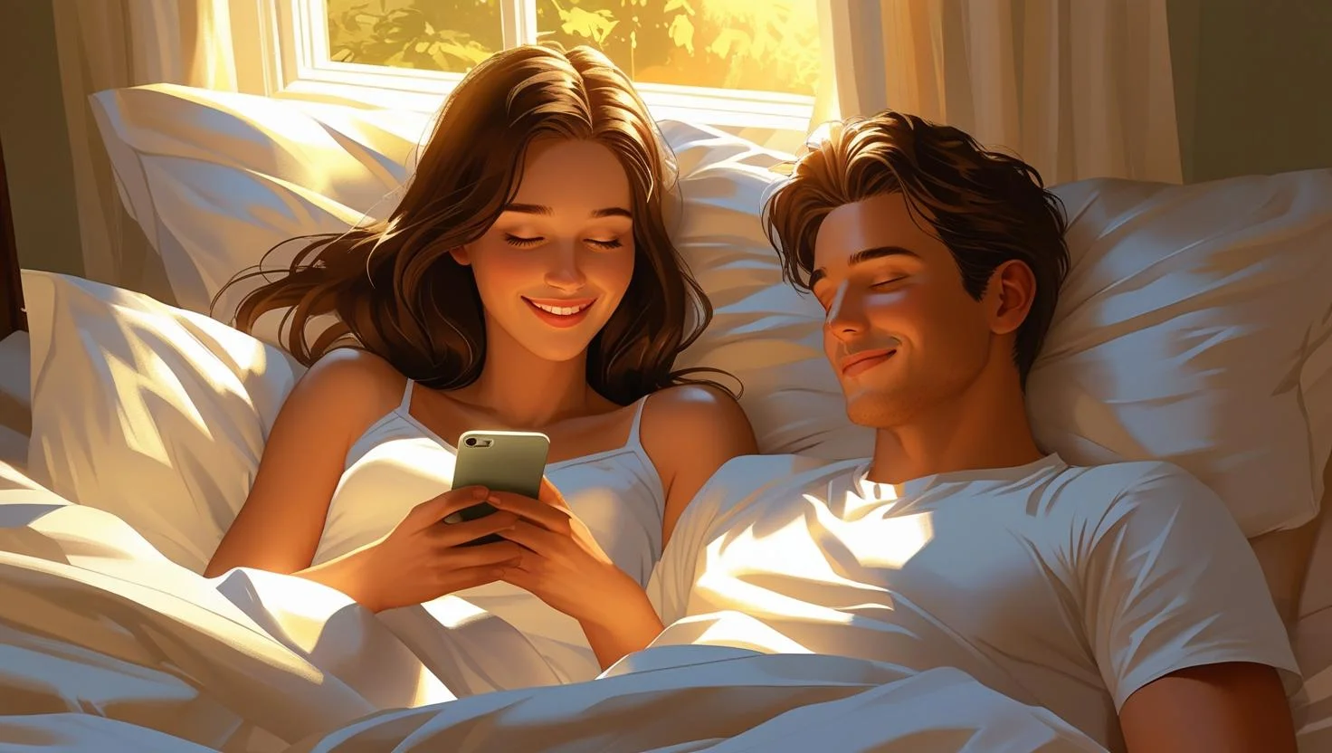 Sweet good morning message making woman smile in bed with morning sunlight
