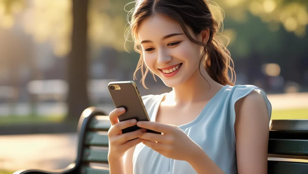 Woman smiling reading sweet i miss you messages on phone
