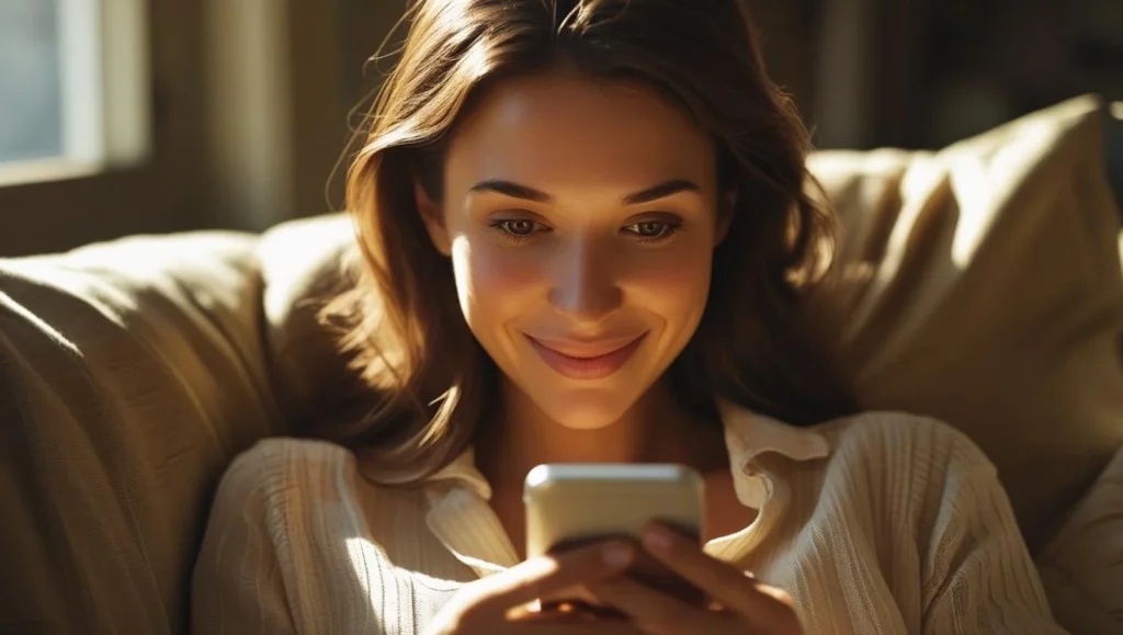 Woman reading heart touching love and trust message on phone