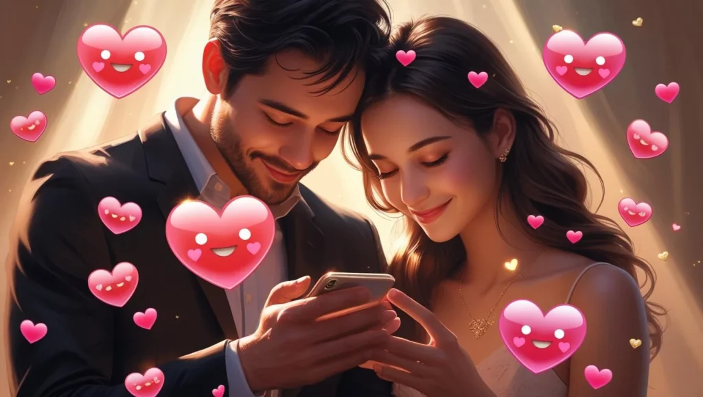 Happy woman reading romantic text message showing deep love and attraction